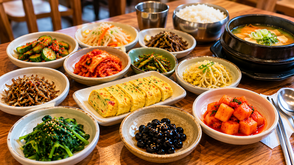 A server placing complimentary Korean side dishes on a restaurant table.