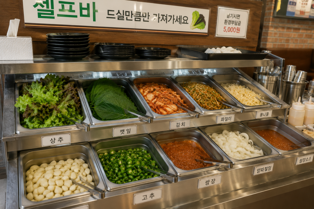 A self-service side dish bar commonly found in Korean BBQ restaurants.
