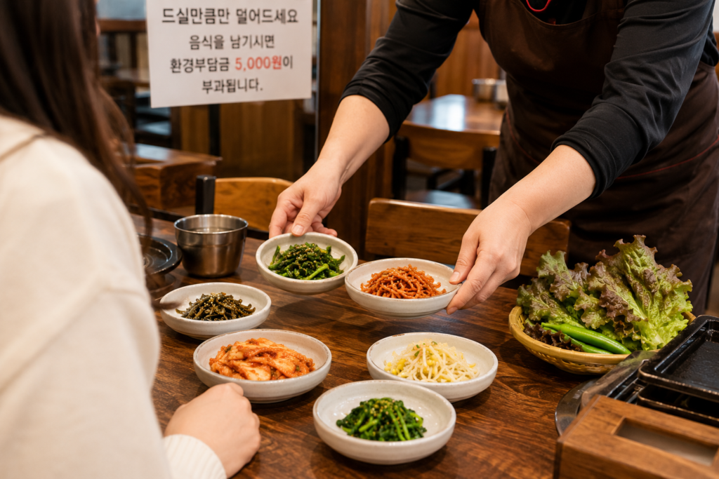Free side dish refills are a common part of Korean dining culture.