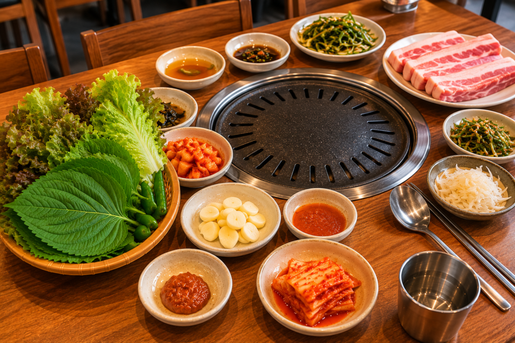 A Korean BBQ table set with fresh lettuce, perilla leaves, pork belly, garlic, kimchi, and traditional side dishes for making ssam.