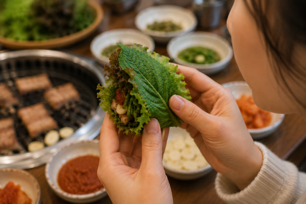 Large Korean ssam wrap with grilled pork belly, perilla leaf, garlic, and ssamjang at a Korean BBQ restaurant.