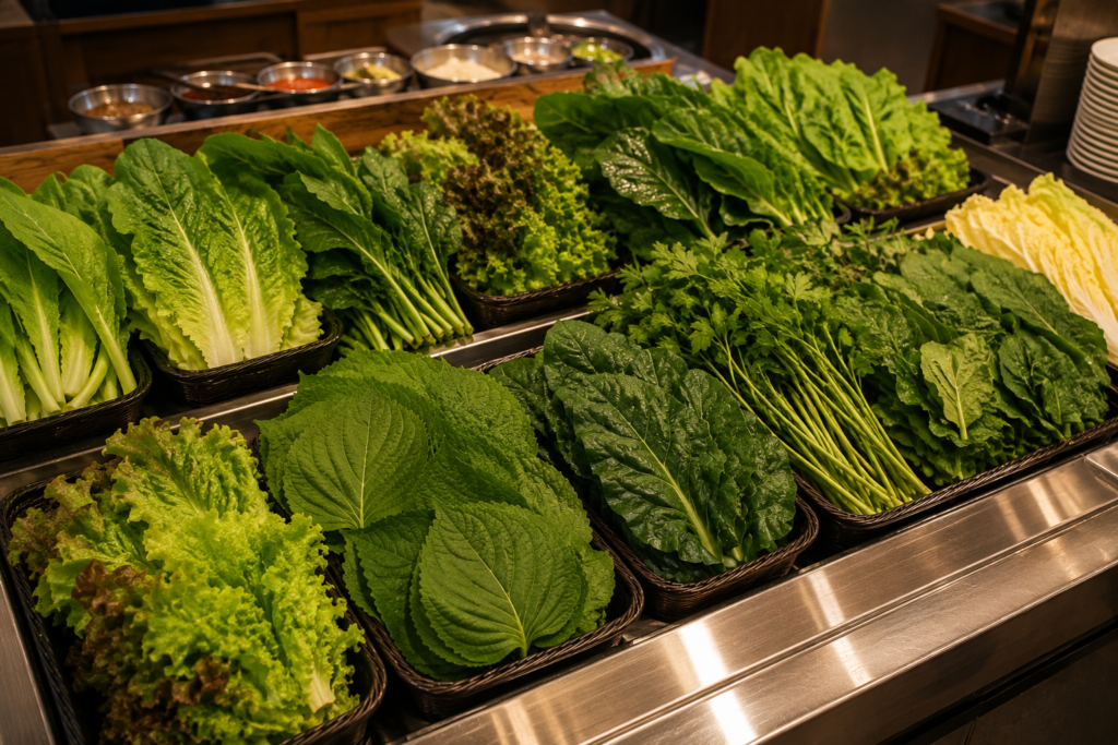 A Korean BBQ restaurant salad bar offering a variety of fresh ssam vegetables and leafy greens.