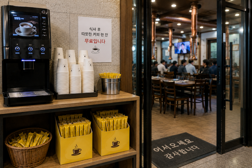 Why Is Coffee Mix Everywhere in Korea? Free coffee mix station commonly found at Korean restaurants, featuring paper cups and instant coffee sticks.