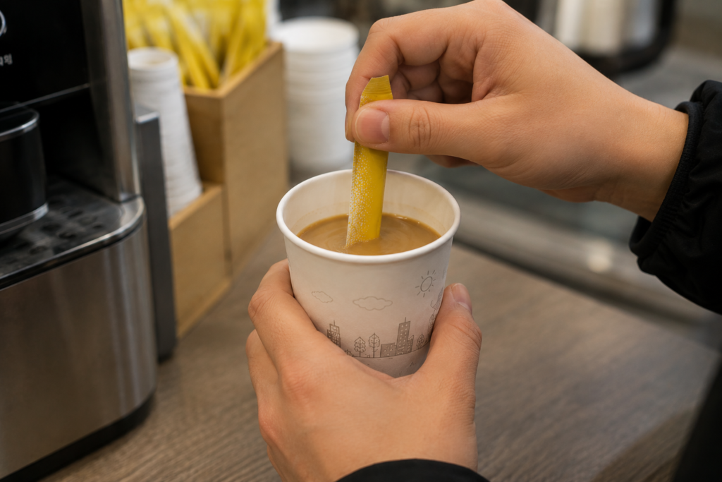 Why Is Coffee Mix Everywhere in Korea? A Korean worker stirring coffee mix with a folded coffee stick packet in a paper cup during a break.