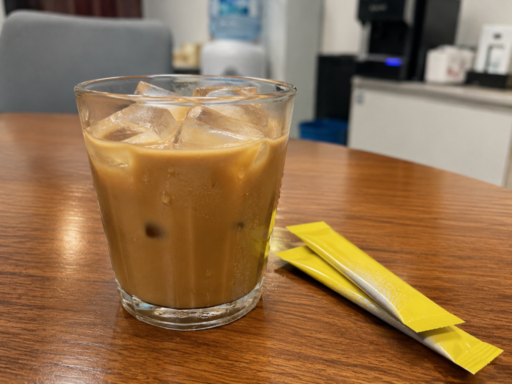 Why Is Coffee Mix Everywhere in Korea? A glass of Korean-style iced coffee mix served with ice cubes and coffee mix sticks on a table.