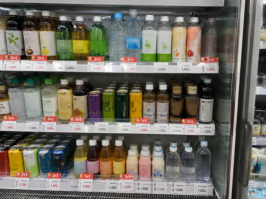Why Do Koreans Visit Convenience Stores So Often? Beverage shelf with 1+1 and 2+1 promotions in a Korean convenience store.