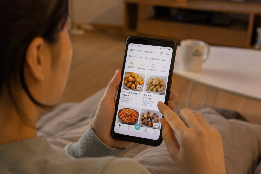 Why Do Koreans Order Food Delivery for Everything? Korean customer browsing a food delivery app to order dinner after work.