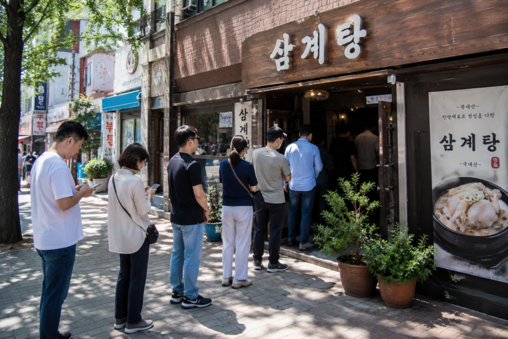 Why Do Koreans Eat Hot Chicken Soup in Summer? People waiting in line outside a popular Korean samgyetang restaurant during the summer Boknal season.