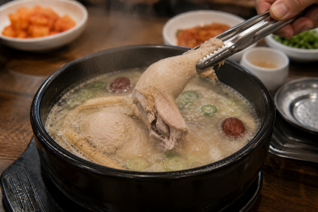 Why Do Koreans Eat Hot Chicken Soup in Summer? Chicken drumstick lifted from a hot bowl of Korean samgyetang with steaming broth and side dishes.